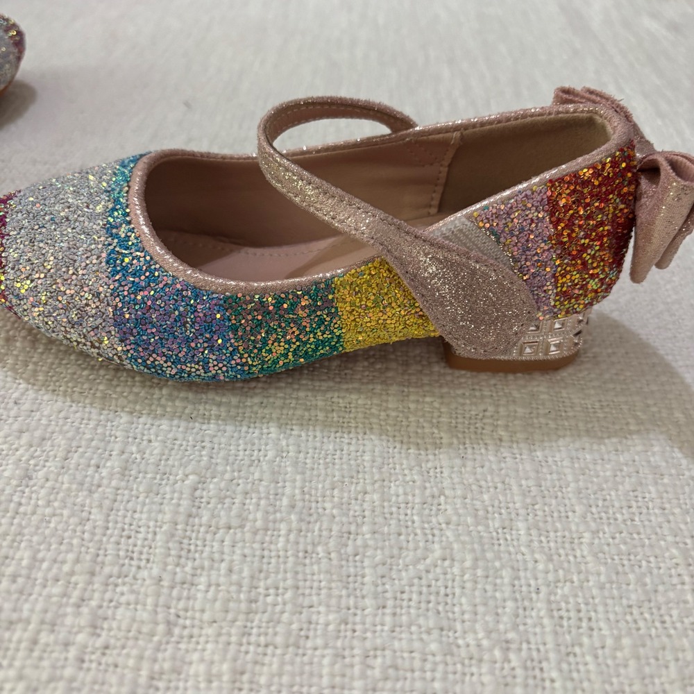 XIAORUNV Girls Rainbow Glitter Mary Jane Dress Shoes Rhinestone Heel Bow Size 30
